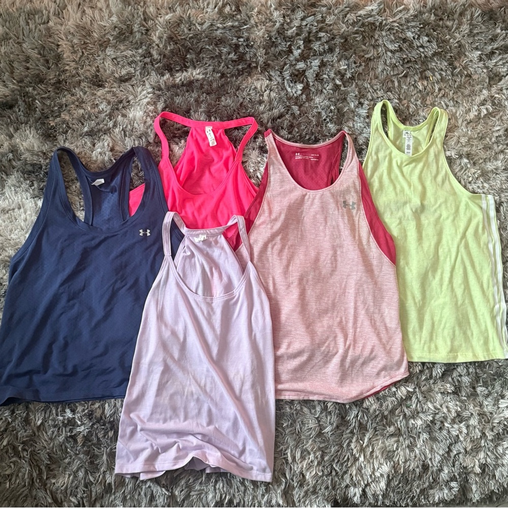 Lot of 6 Women's Racerback Tank Workout Tops. 5 Under Armour, 1 Adidas.